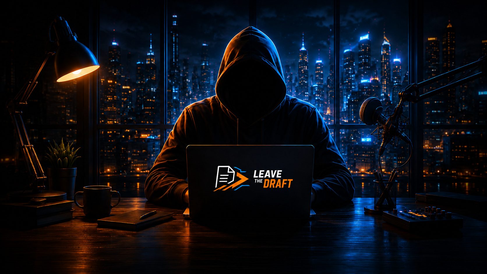 Hooded creator at a laptop with the Leave The Draft logo, city skyline at night